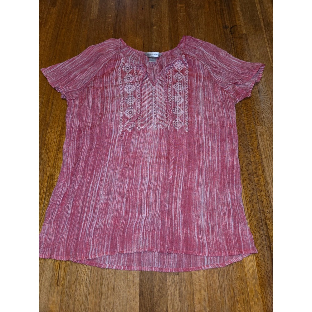 Christopher & Banks‎ Women Medium Pink V-Neck Tie Embroidered Boho Loose Fit Top